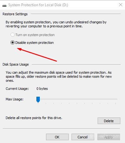 Click Configure and select Disable system protection
