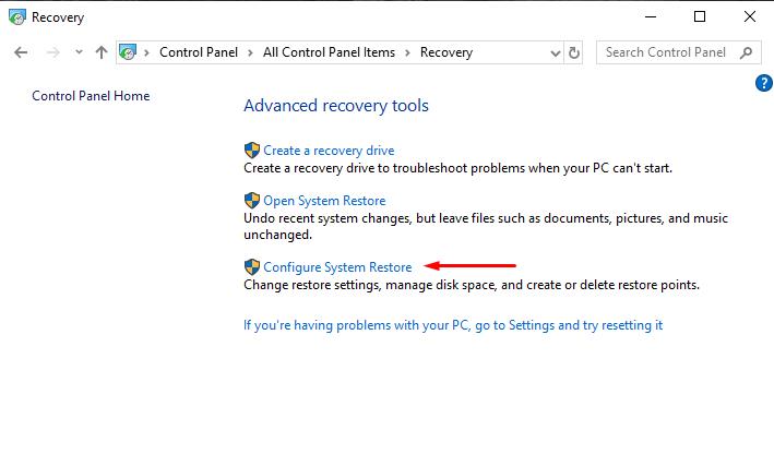 In Recovery window click on Configure System Restore