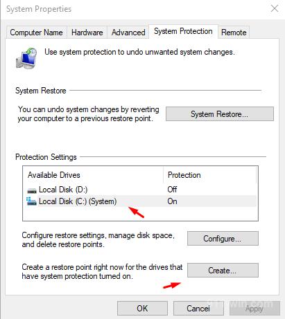 In the Protection Settings section click on drive and click on Create button