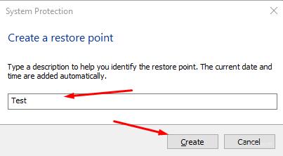 Create a restore point: Type a description restore point