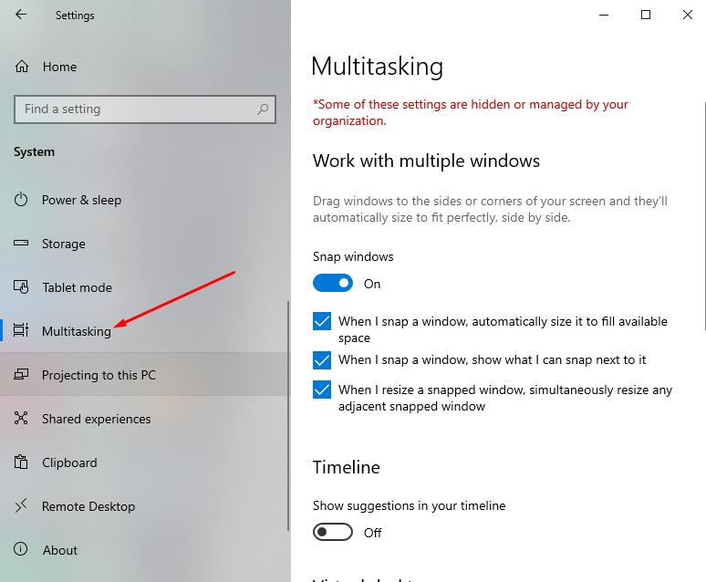 Then click on Multitasking subsection | Screen split Windows 10