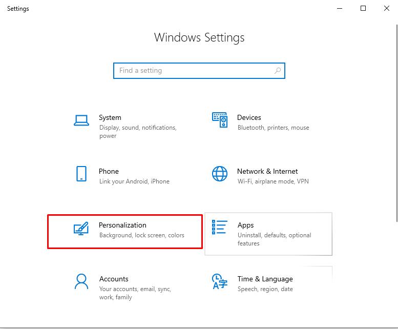 In Windows Settings select: Personalization 