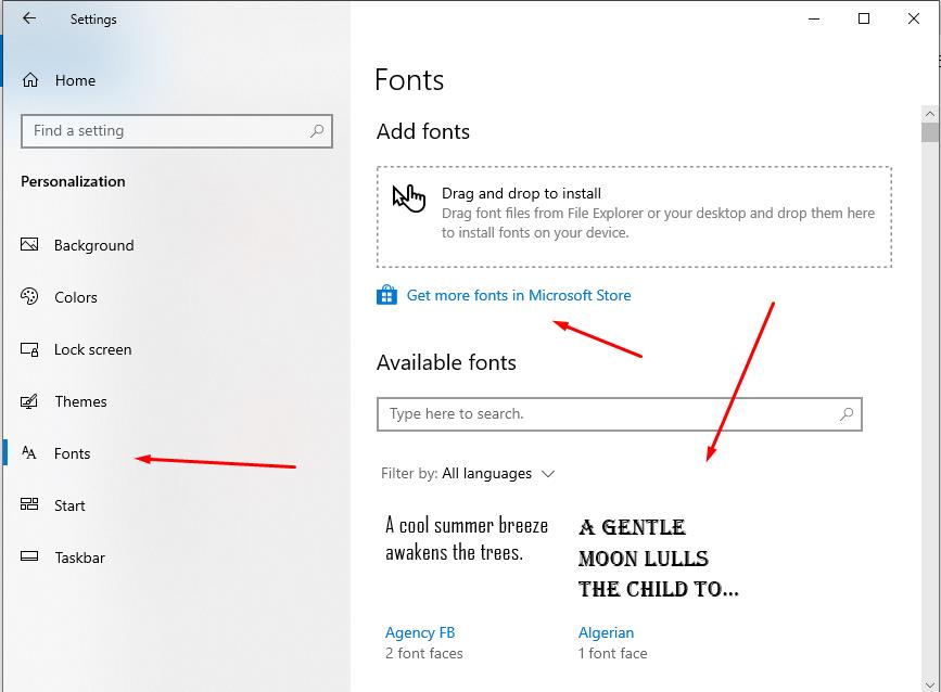 Select Font section and in right panel list with available fonts in Windows 