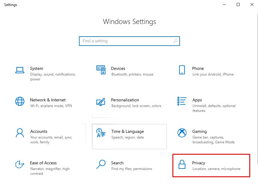 To Disable Cortana: open Windows Settings and select Privacy
