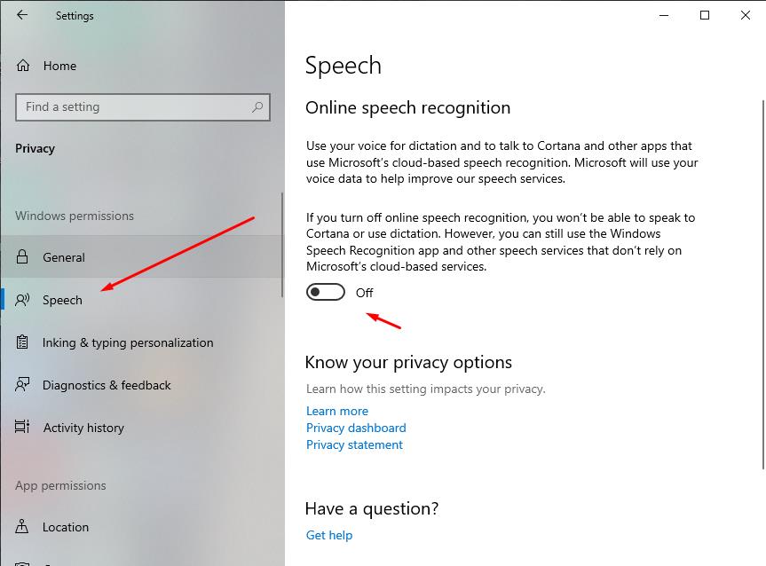 In Speech item turn off - Online speech recognition 