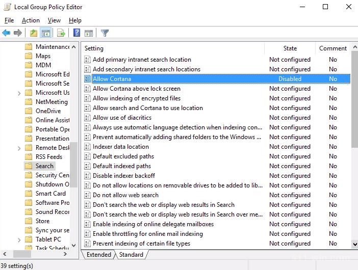In Local Group Policy Editor change Allow Cortana to Off
