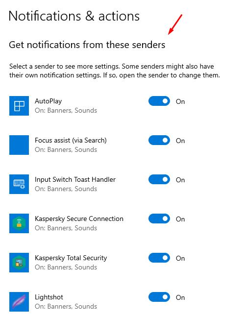 In (Get notifications from these senders) section you can disable of notification from specific software