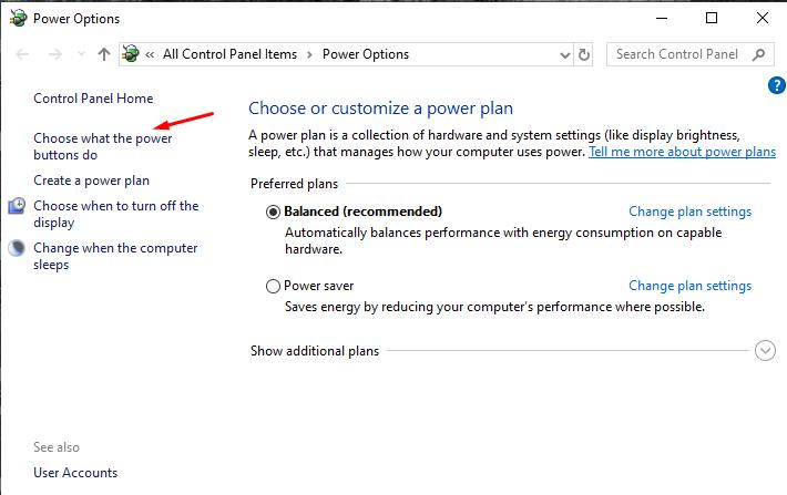 Open Choose what the power buttons do section