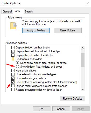 Set parameters to show all hidden Folders and Files