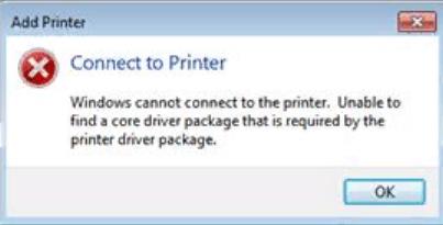 Error: Unable to find a core driver package that is required by the printer driver package.