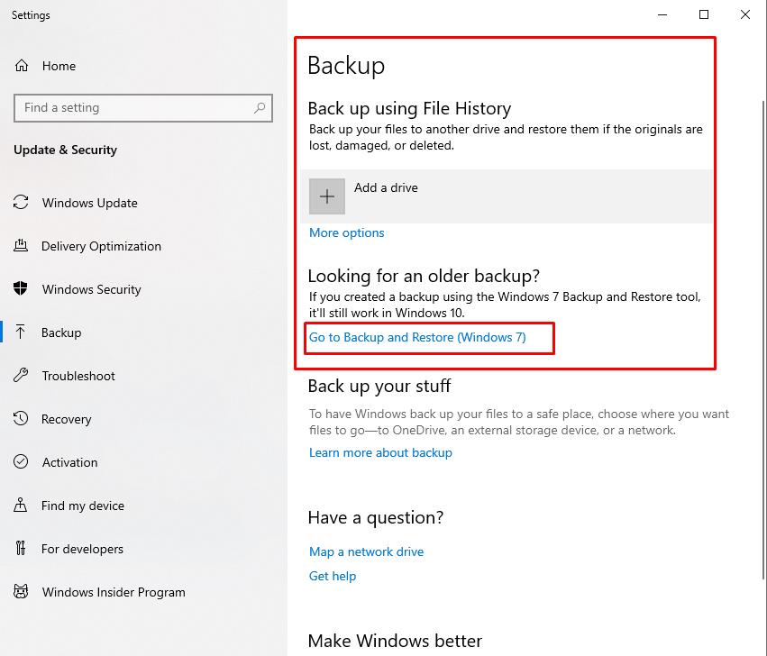Slect Go to Backup Restore Windows 7