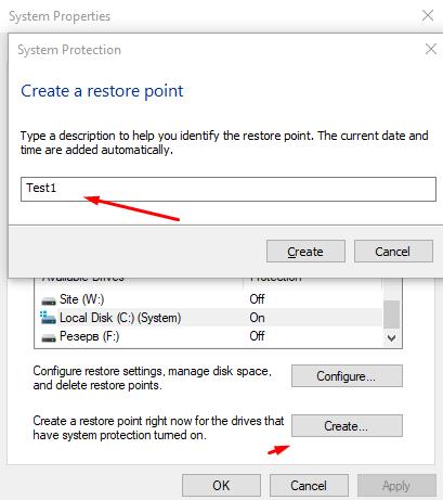 Click on Button - Create, and input the Name of new restore Point