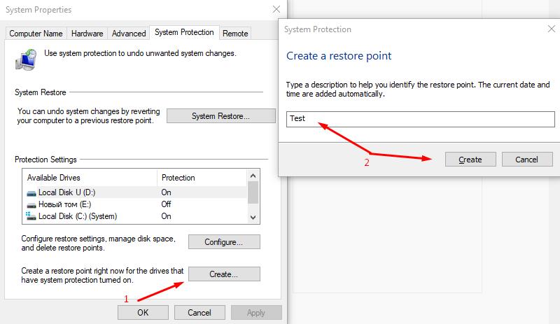 Create a Restore point - Input Name Point