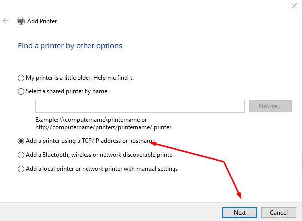 Select Add printer using TCP / IP address or hostname and click Next