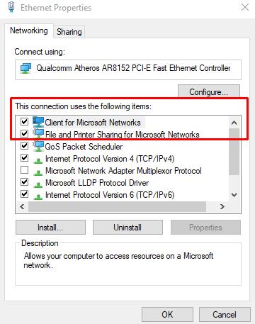 Select items: Client for Microsoft Networks and File and Printer Sharing for Microsoft Networks