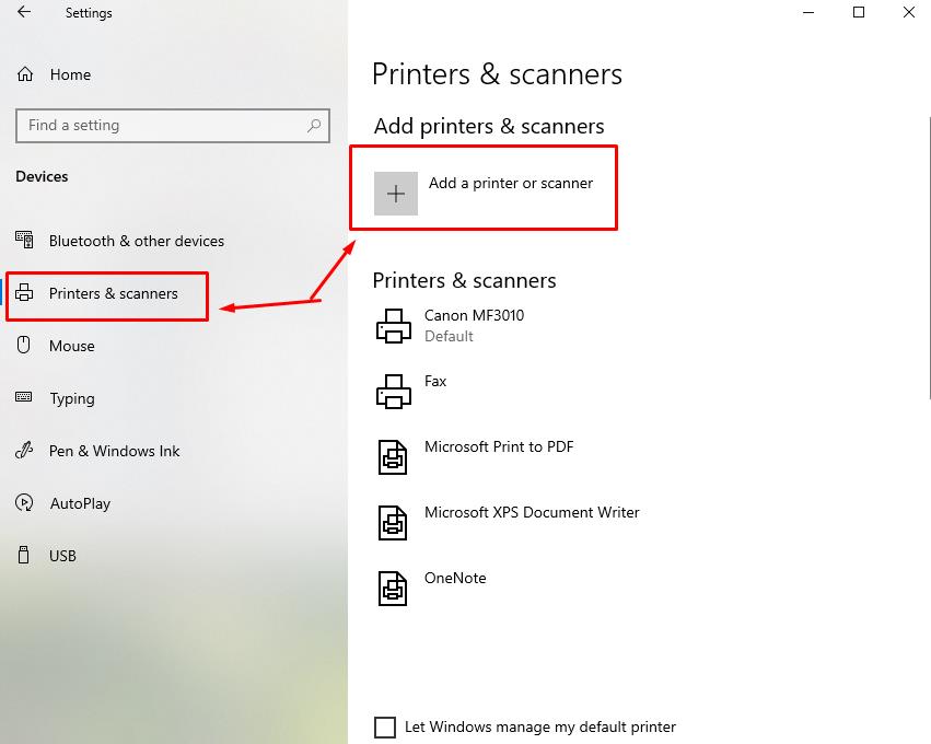In Left Panel select: Printers & Scanners and then (Add a printer or scanner)