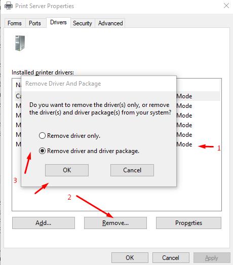 Confirm your intention to select the line - Remove driver and driver package