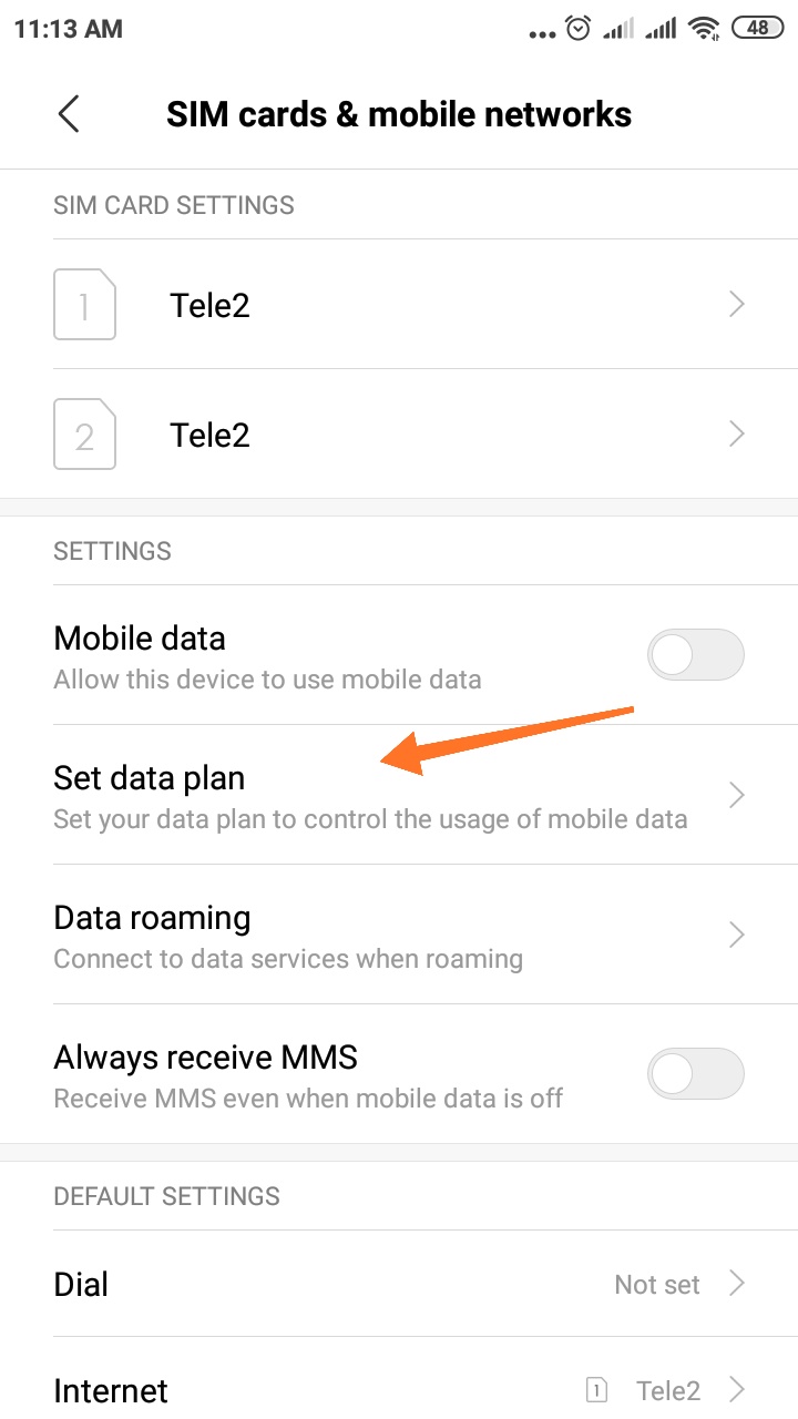 SIM Cards & mobile networks - select Set data plan