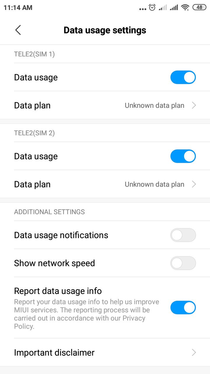 Data Usage settings and Data plan