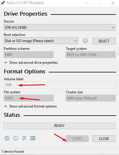 Set Volume Label and File system and then click on start button