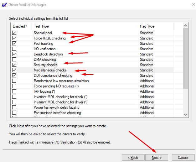Driver Verifiier Manager: select individual settings from this full list