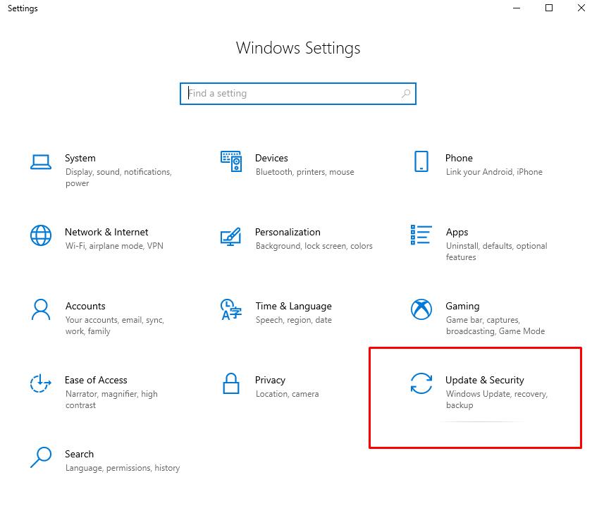 Windows Settings window go to Update Security 