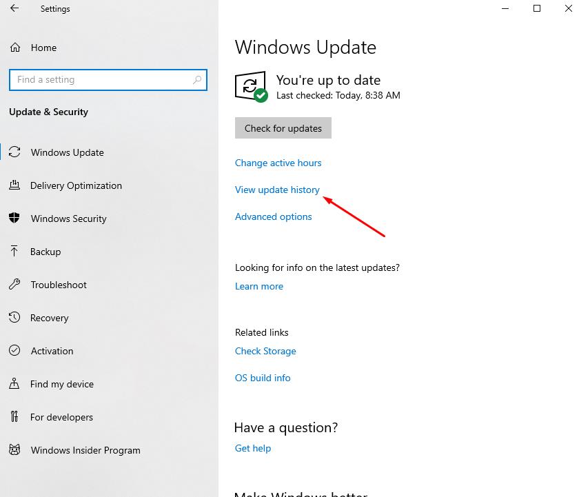 In Windows Update click on View update history