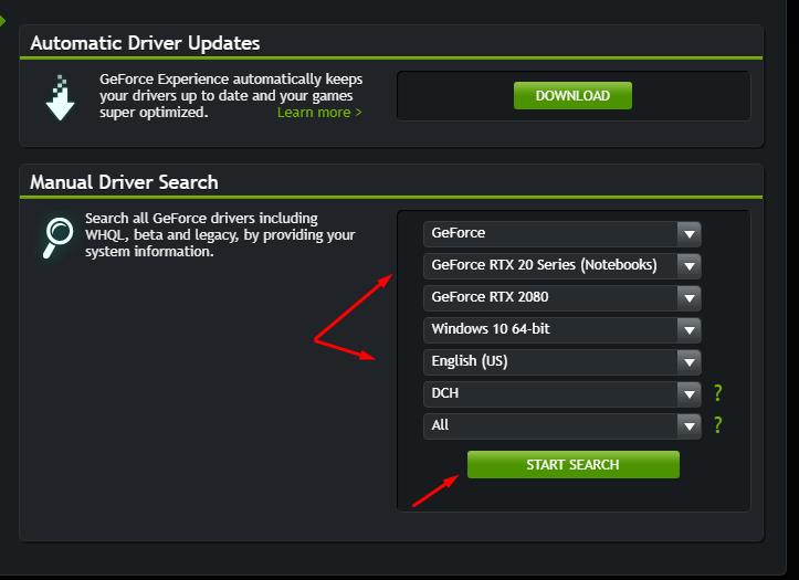 Manual driver search, select parametrs and click start search button