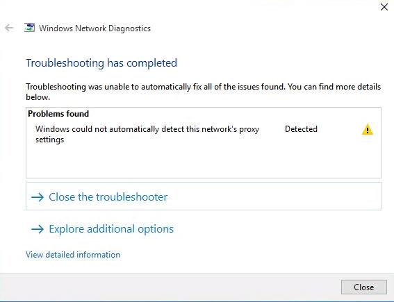 Windows Could not Automatically Detect this Networks Proxy Settings