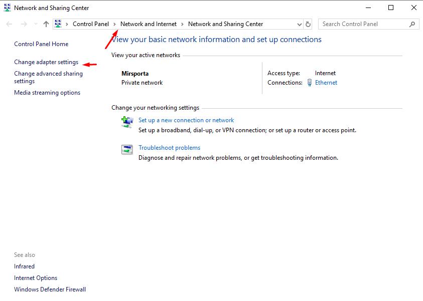 Open Network and Sharing Center - Change adapter settings