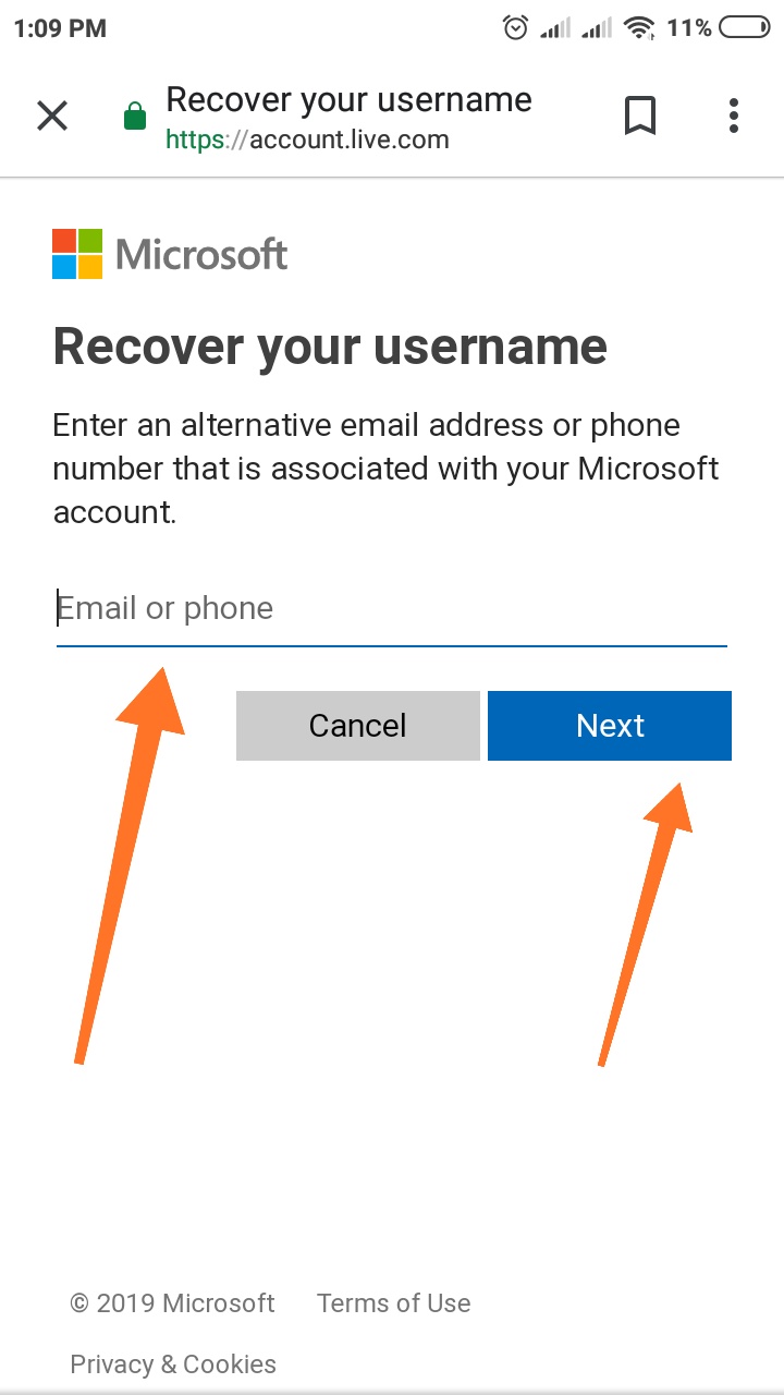 Microsoft account - Recover your data, inpute Email or Phone