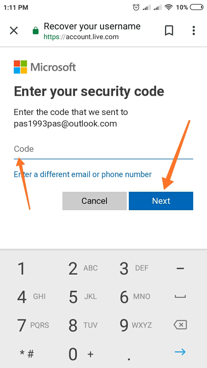 Enter security code from Email 