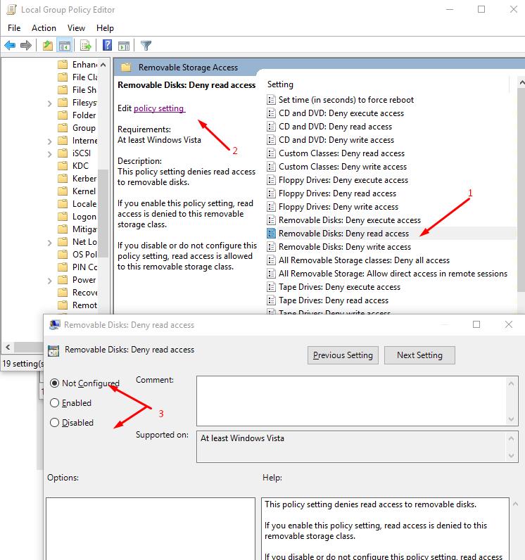 In Policy settings: Removable Disks Deny read acces - set Not Configured