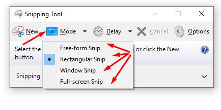 Mode button allows you to select one of several screen capture options