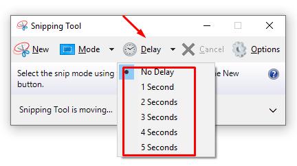 Delay - button allows you to set a timer screenshot