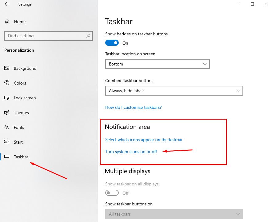 In TaskBar section select - Notification Area and Turn system icons on or off
