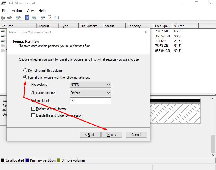 Format Partition: Select format this volume with the following settings and click next button