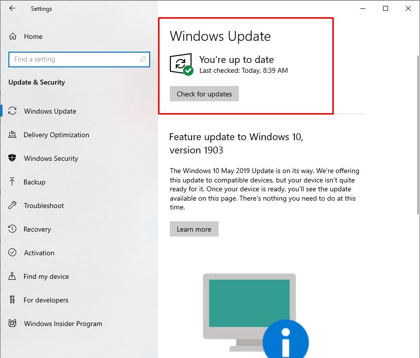 In Settings check available Windows Updates and install them