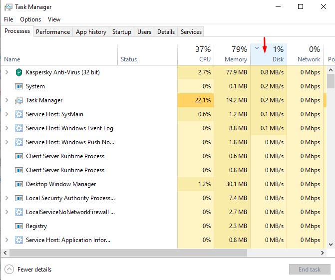 Sort all process in task Manager by Disk Load