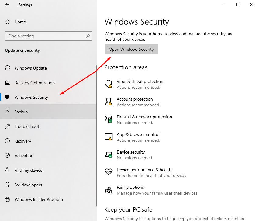 In Settings click on Backup and in Windows Security Click: Open Windows Security