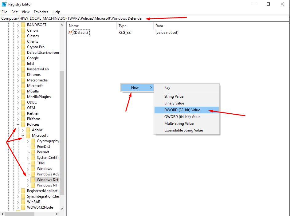 On Windows Defenker folder add new Key (Dword 32-Bit)