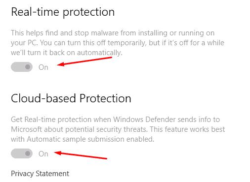 Uncheck the boxes (Real-time Protection) and (Cloud Protection)