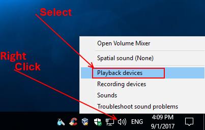 Click on Speakers icon and select: Playback devices