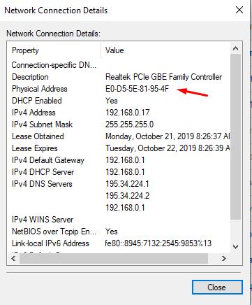 You can also find the Mac address in Network and Sharing Center