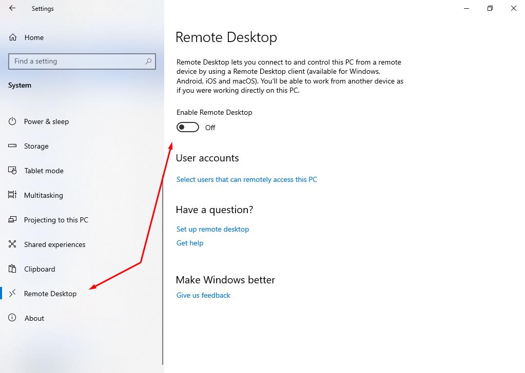 In Remote Desktop sections set mode:ON (Enable Remote Desktop)