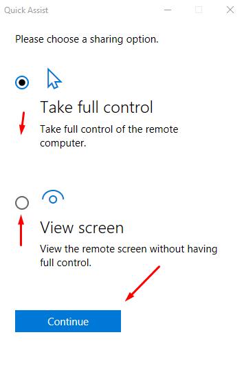 Choose one of two options: Take full control or View screen