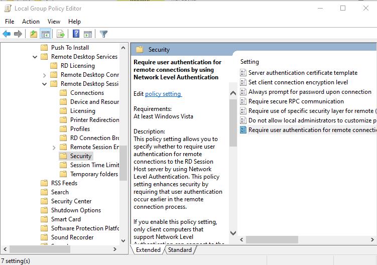 In Local Group Policy window need find: Require user authentication for remote connecting