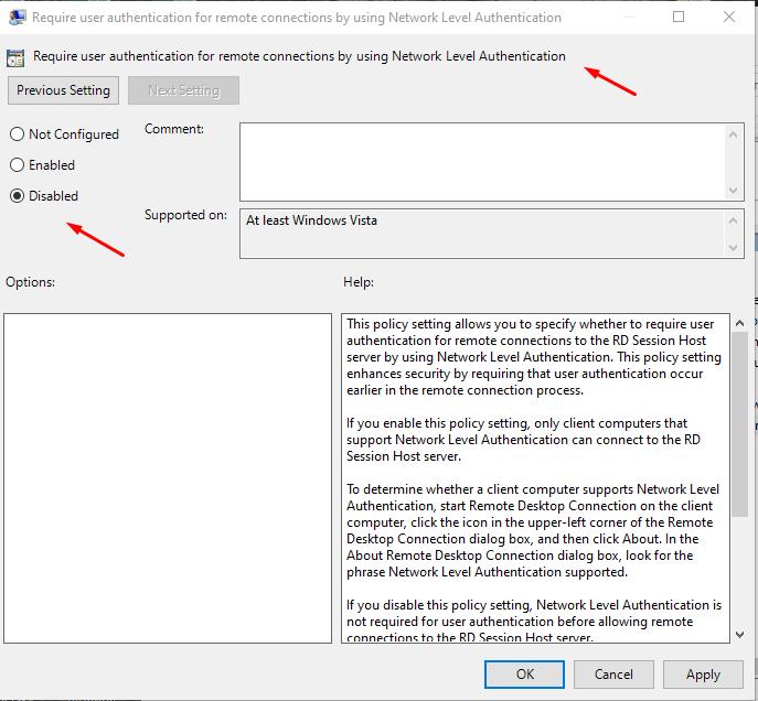 In In Local Group Policy window need find: Require user authentication for remote connecting and set: Disabled