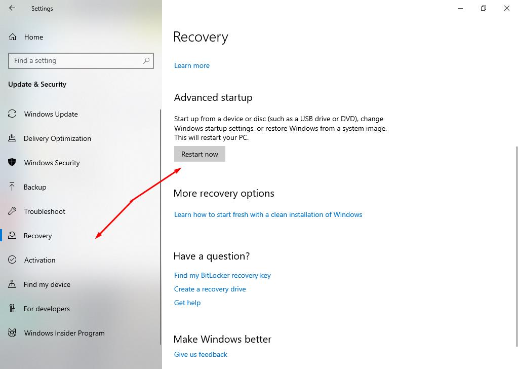 In Recovery tab click on (Restart now) button for Restart PC