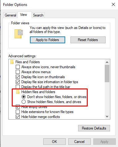 Set checkbox to Show hidden files, folders, and drivers